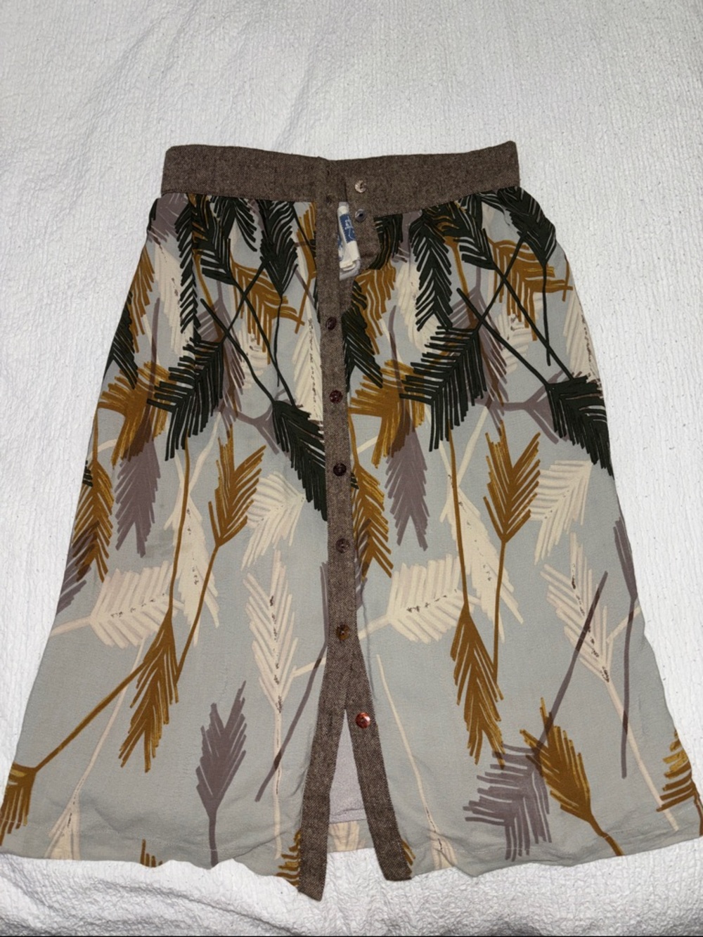 Anthropologie Button-Front Midi Skirt in Brown, Cream, Gray and Mustard